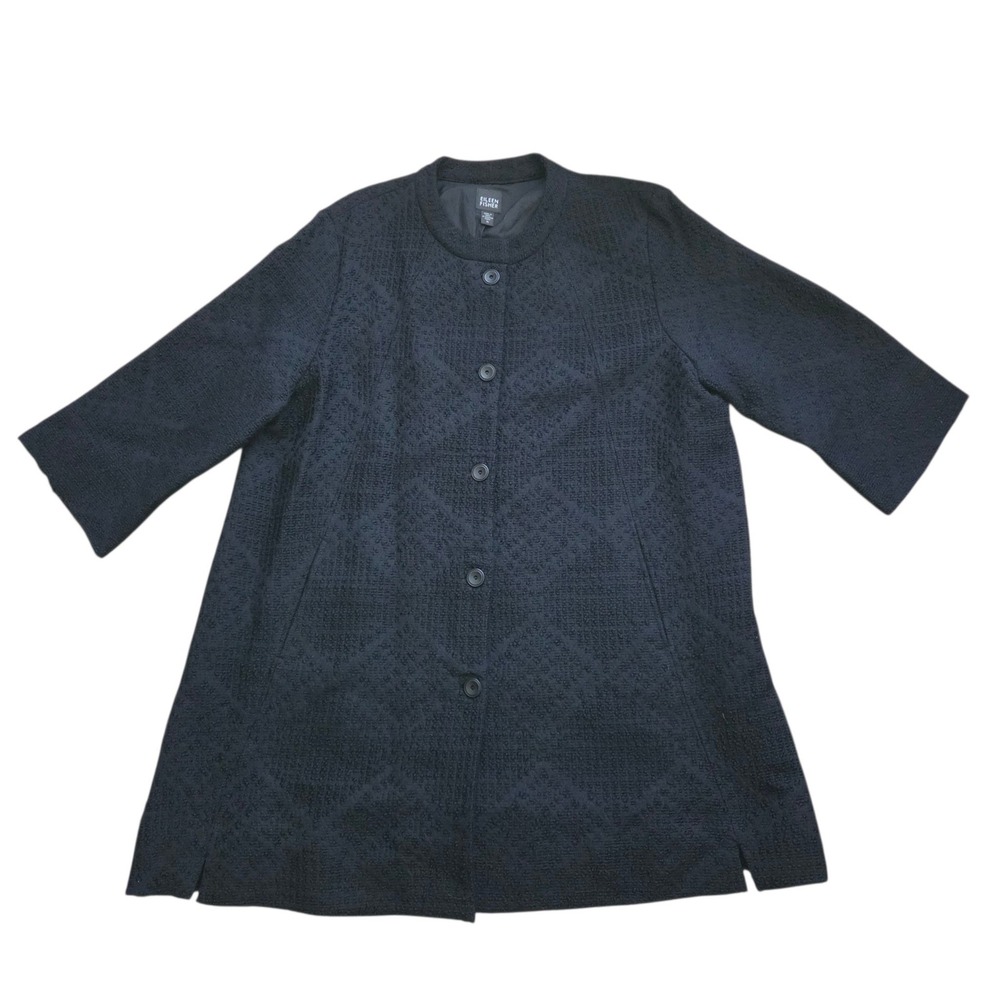 Eileen Fisher Coat XL 100% Wool Silk Lined‎ Black Textured Button Front